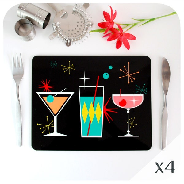 Cosmic Cocktails Placemats Set of 4 - Mid Century Place Mats - Atomic Age Decor - Retro Table Decor - UK SIZE Table Mats