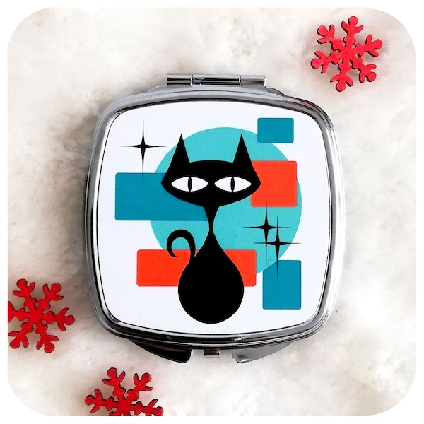 Atomic Cat Compact Mirror - Retro Cat Compact Mirror for Handbag – Black Cat Gift - Retro Pocket Mirror