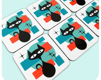 Atomic Cat Coasters: Mid-Century Modern Drink Mats, Set of 6