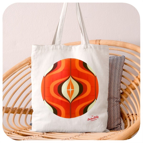 Retro 70s Style Tote Bag in Orange - 1970s Vintage Style Canvas Shopping Bag - 70s Accessories - Retro Gift for Her