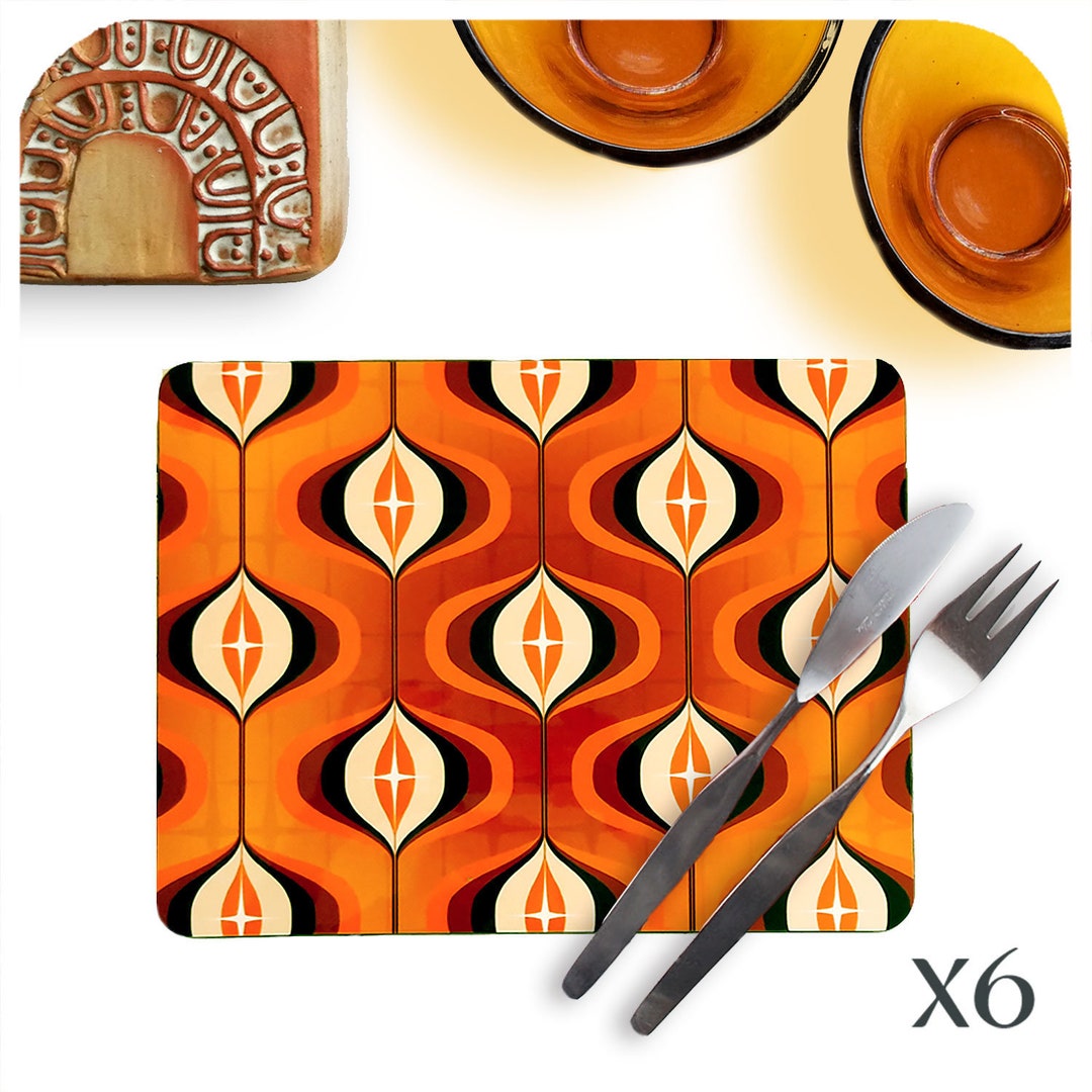 70s Style Orange Placemats, Set of 6 Vintage Style Table Mats 1970s Op