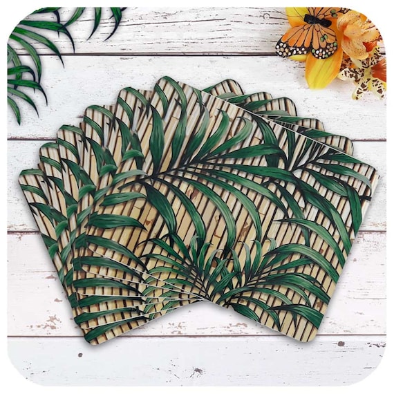 Mid Century Decor Tiki Style Bamboo Placemats 6 Tropical Palm Leaf Placemats 