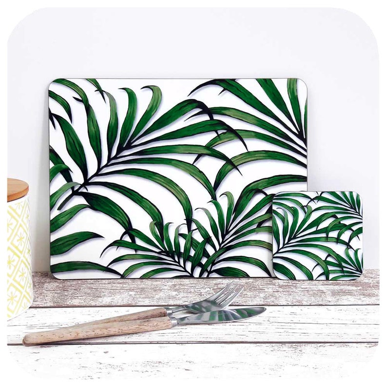 Palm Leaf Print Placemat and Coaster Botanical Tableware Etsy