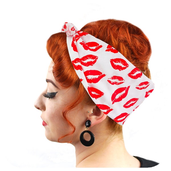 Lipstick Kisses Bandana - Retro Head Scarf - Vintage Style Red and white headscarf - Rockabilly Hair Accessories