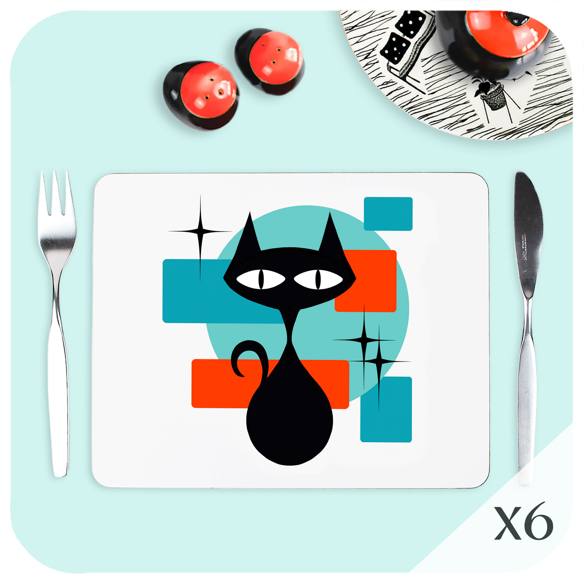 Retro Cat Placemats Set of 6 Atomic Cat Place Mats Black Etsy UK