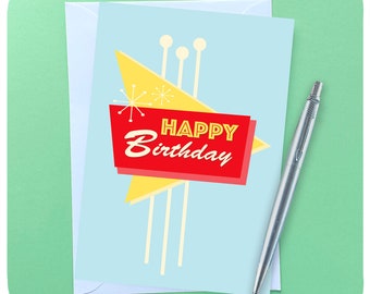 Retro Happy Birthday Card - Vintage Las Vegas Sign Card - 50s style Card - card for