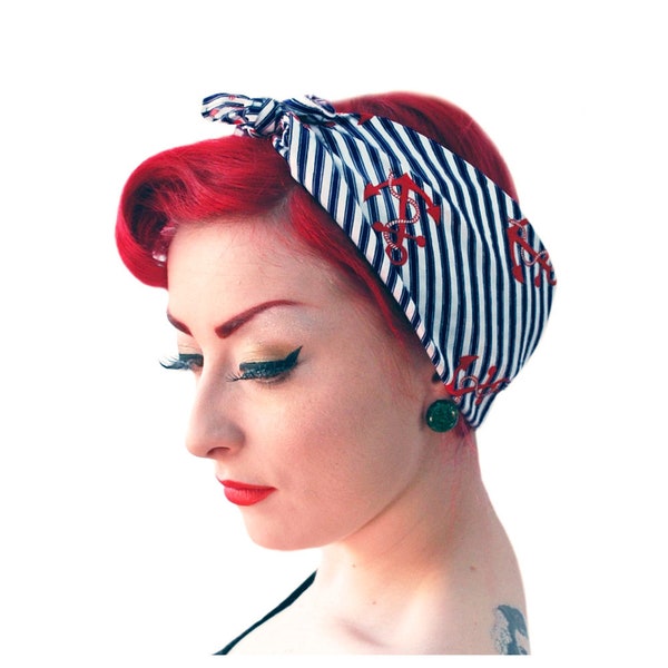 Women's Nautical Bandana - 50s Rockabilly Head Scarf - Anchors & Stripes Retro Scarf - Vintage Hair Accessories