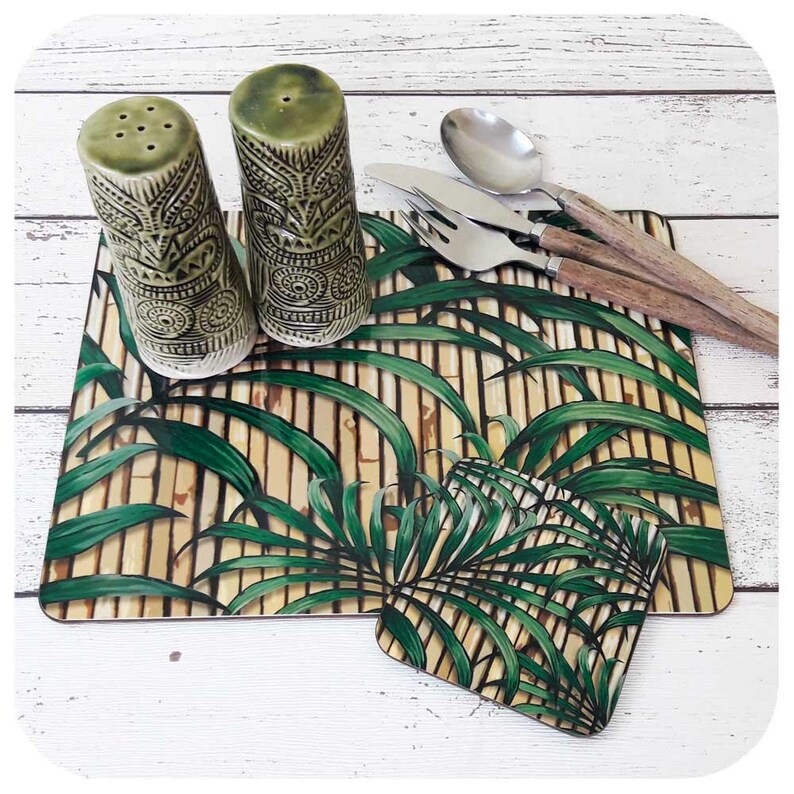 Tropical Palm Leaf Print Placemat and Coaster Tiki Bamboo Etsy