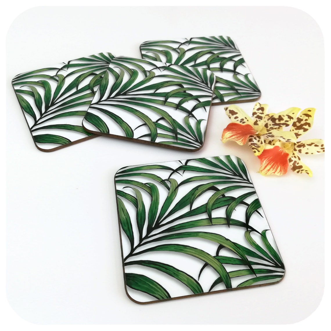 Palm Leaf Print Coasters set of 4 Tropical Drink Coasters Etsy