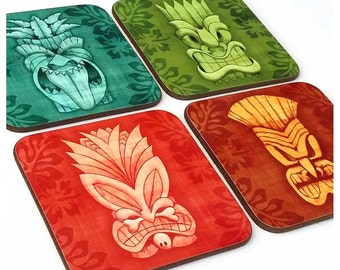 Tiki Coasters, set of four - Tiki Bar Accessories - Hawaiian Style coasters - Tiki Bar Coasters - Tropical Coasters - Tiki Gift