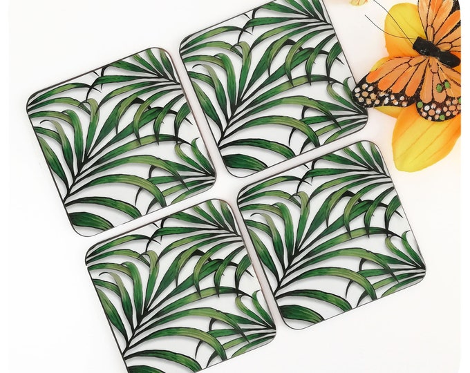Palm Leaf Print Coasters set of 4 - Tropical Drink Coasters - Botanical Coasters - Tiki Home Bar Accessories