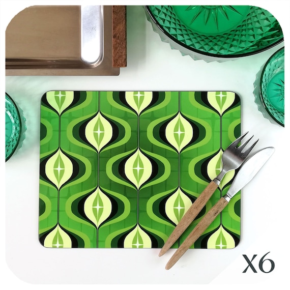 70s Op Art Placemats Set Of 6 Green Place Mats Retro House Etsy