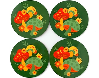 Retro Mushroom Coasters, Set of four - 70s Retro Green Coasters - 1970s Kitsch Drinks Mats - Retro Kitchen Decor