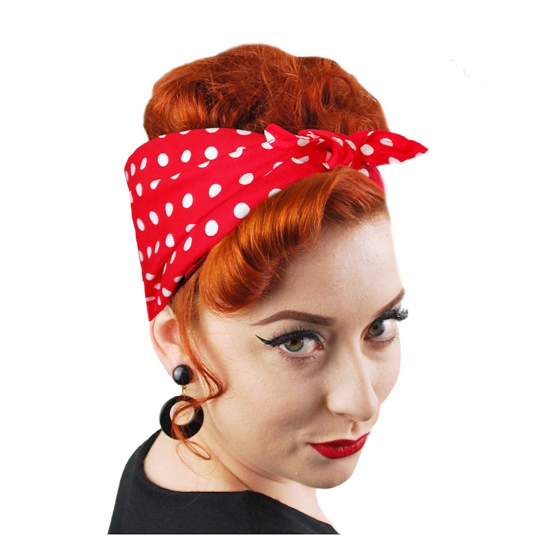 Red Polka Dot Bandana Rosie the Riveter Bandana Red Spotty headscarf Rockabilly Hair Accessories Roller Derby Bandana image 2