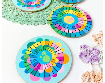 Posavasos caleidoscopio retro, juego de 4: decoración primaveral en tonos pastel brillantes