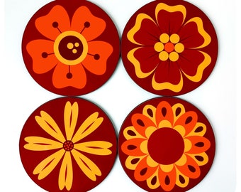 Retro 70s Flowers Coasters, set of four - 1970s Orange Drinks Mats - Vintage Floral Home Decor - Gift for retro fans