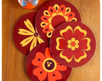 Manteles individuales florales retro de los años 70, manteles individuales con flores naranjas, juego de 4