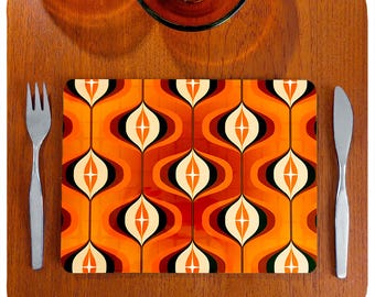 Manteles individuales naranjas de los años 70, juego de 4 - Manteles individuales estilo años 70 - Regalos de boda para parejas - Regalo para casa nueva - Manteles individuales retro - Tamaño del Reino Unido