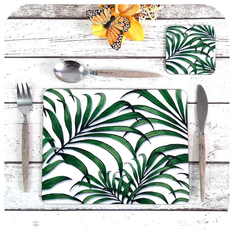 Palm Leaf Print Placemat and Coaster Botanical Tableware Etsy