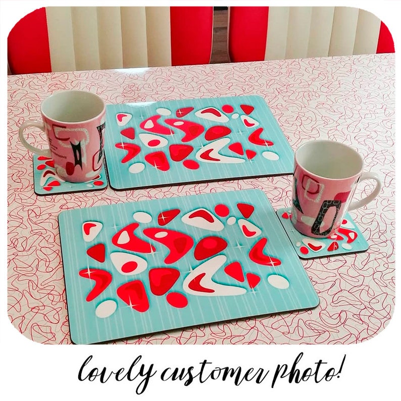 50s kitchen 6 1950s Style Coasters Retro Diner Style - Retro Mid Century Modern Decor Atomic Boomerang Coasters in Red /& Turquoise
