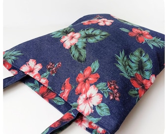 Bolso tote de mezclilla con estampado de flores tropicales - Accesorio de verano estilo rockabilly tiki