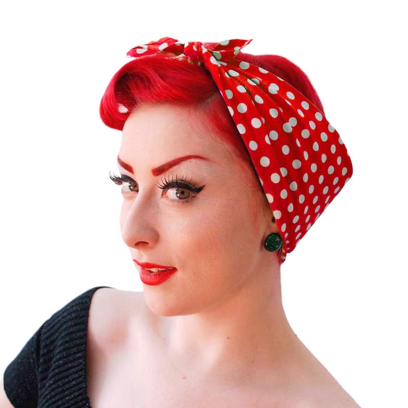 Red Polka Dot Bandana Rosie the Riveter Bandana Red Spotty headscarf Rockabilly Hair Accessories Roller Derby Bandana image 1