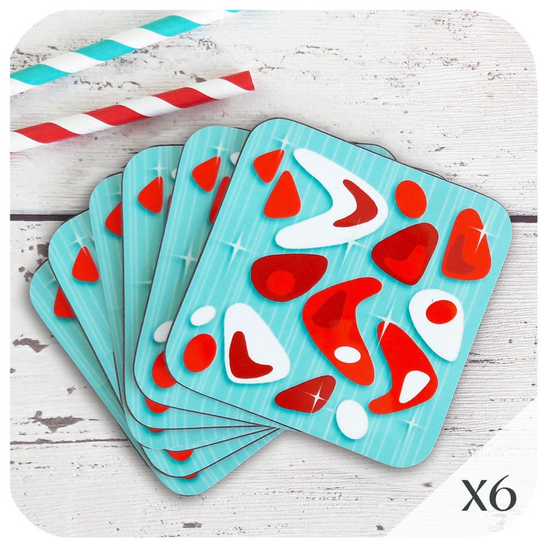 50s kitchen 6 1950s Style Coasters Retro Diner Style - Retro Mid Century Modern Decor Atomic Boomerang Coasters in Red /& Turquoise