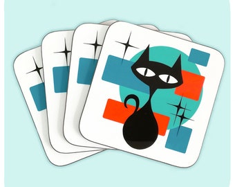 Atomic Cat Coasters (4) - Black Cat Drinks Coasters - Mid Century Style Drinks Mats