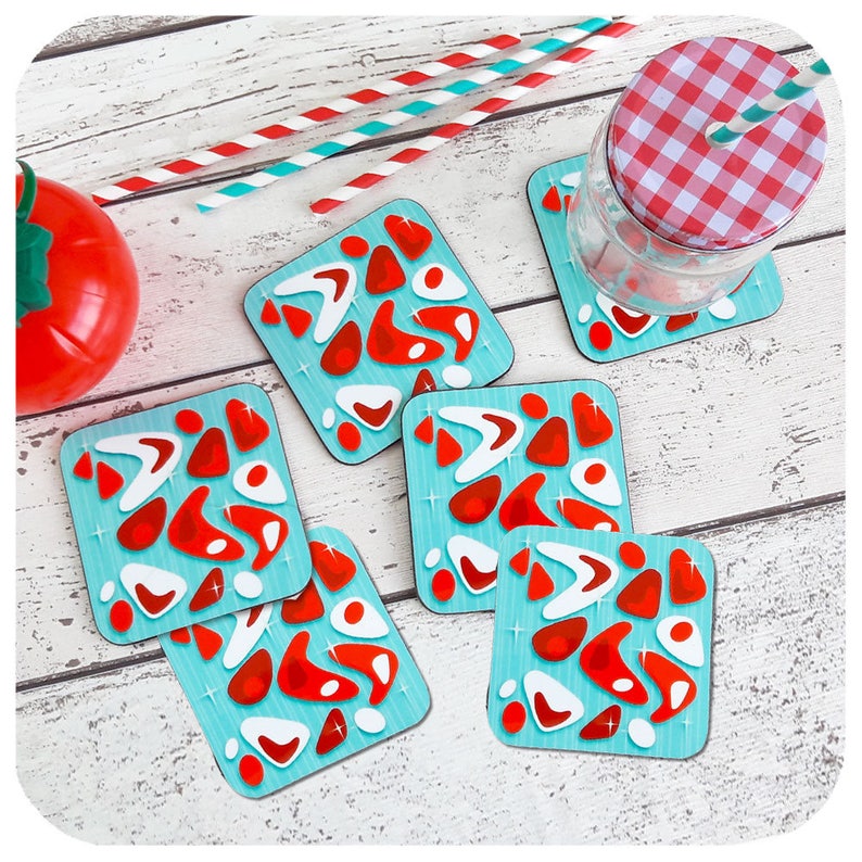 50s kitchen 6 1950s Style Coasters Retro Diner Style - Retro Mid Century Modern Decor Atomic Boomerang Coasters in Red /& Turquoise