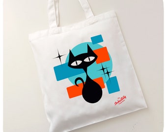 Retro Cat Tote Bag - Mid Century Atomic Cat Canvas Bag - Gift for Cat Lover - Black Cat Gift