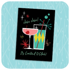 C'est carte Cocktail O'Clock - carte d'anniversaire cocktails atomiques - carte de célébration de Style vintage Mid-Century - carte de félicitations