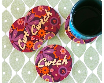 Posavasos galeses, juego de 4: Cwtch - para acurrucarse o abrazarse en galés / Cymraeg