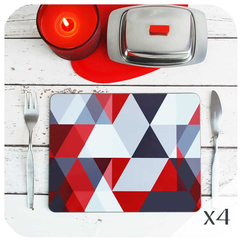 Scandi Placemats Set Of 4 Red Grey Table Mats Geometric Etsy