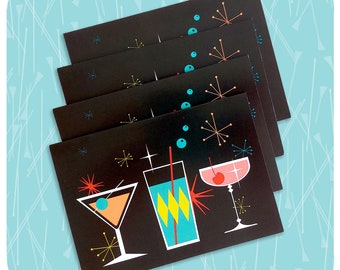 Pack of 4 Retro Cocktails Cards - Mid Century Greetings Cards - 50s Style Blank Cards