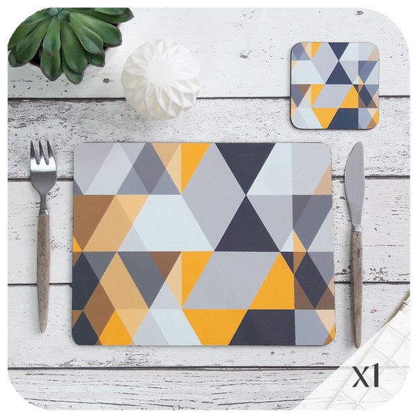 Scandi Geometric Placemat and matching Coaster (X1) - Grey and Yellow Triangles Table Setting - Scandi GIft - Scandinavian Modern Home Decor