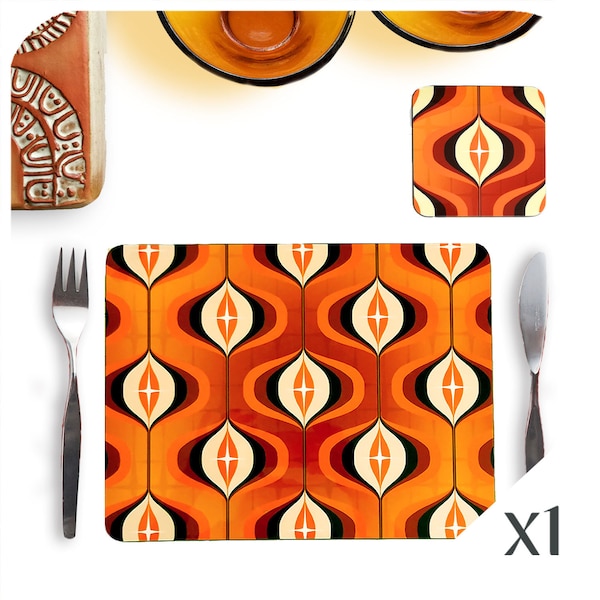 Orange Op Art Placemat and Coaster X1 - 1970s Retro place mat & matching coaster - 70s Kitchen - Retro Dinnerware - Single place setting