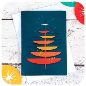 Carte de Noël rétro avec arbre de Noël - carte de Noël inspirée du milieu du siècle - carte de Noël de style vintage
