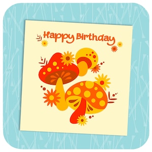 Mushrooms Birthday Card - Retro 70s style card for mushroom lovers - 1970s Vintage Style Card