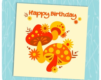 Mushrooms Birthday Card - Retro 70s style card for mushroom lovers - 1970s Vintage Style Card