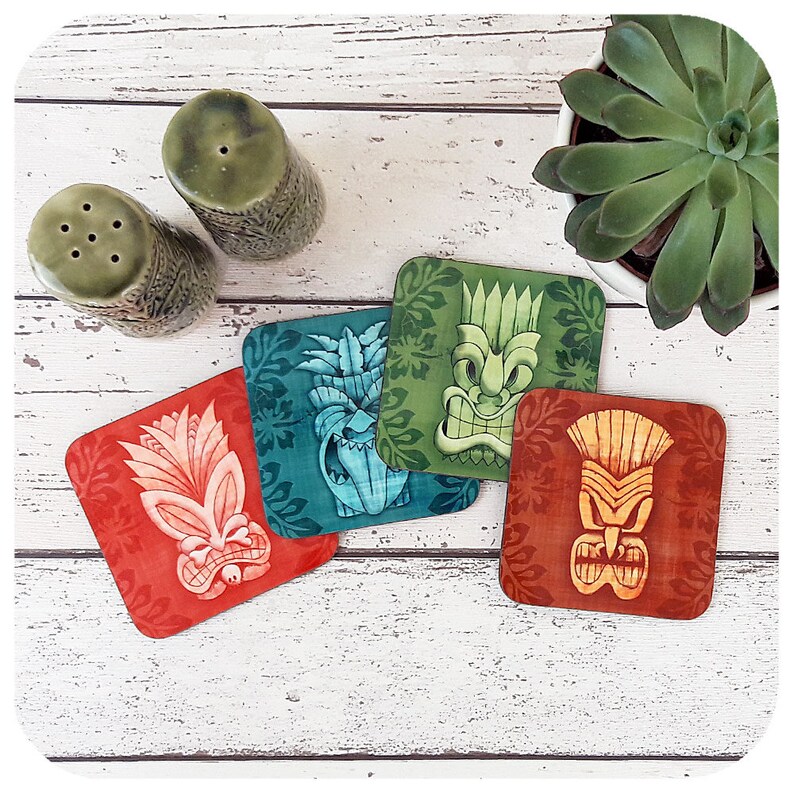 Tiki Coasters Set of Four Tiki Gift Tiki Bar Accessories Etsy