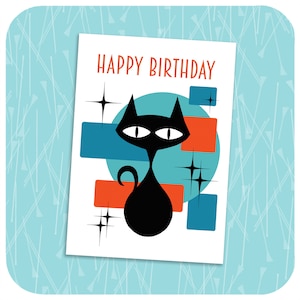 Carte d'anniversaire chat rétro - carte de voeux chat noir - carte de joyeux anniversaire chat du milieu du siècle - carte vierge chat atomique