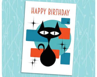 Retro Cat Birthday Card - Black Cat Greetings Card - Mid Century Cat Happy Birthday Card - Atomic Cat Blank Card