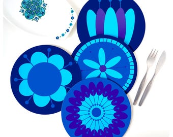 Manteles individuales florales retro: decoración de mesa azul estilo años 60, juego de 4