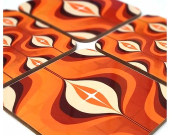 Juego de cuatro posavasos Op Art de los años 70 - Posavasos naranjas - Posavasos retro - Regalo para pareja retro - Decoración naranja - Decoración retro del hogar - Decoración de los años 70