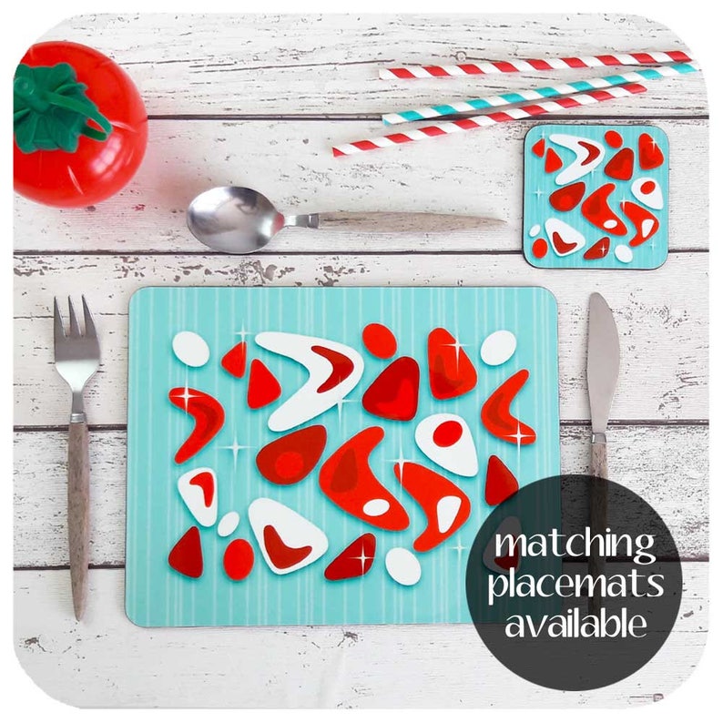 50s kitchen 6 1950s Style Coasters Retro Diner Style - Retro Mid Century Modern Decor Atomic Boomerang Coasters in Red /& Turquoise