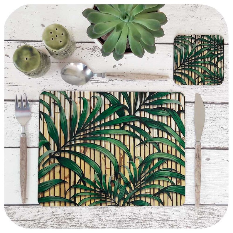 Tropical Palm Leaf Print Placemat and Coaster Tiki Bamboo Etsy UK