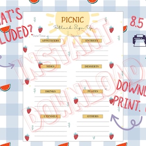 May include: A picnic potluck sign-up sheet with sections for appetizers, entrees, sides, desserts, drinks, plates, utensils, and others. The sheet is 21.6 x 27.9 cm and features a strawberry and watermelon theme.