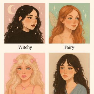 Pode incluir: Uma colagem de quatro ilustrações digitais que retratam diferentes estilos estéticos. A imagem superior esquerda mostra uma mulher com cabelo preto comprido e uma blusa escura, rotulada como "Witchy". A imagem superior direita mostra uma mulher com cabelo ruivo comprido e uma blusa branca, rotulada como "Fairy". A imagem inferior esquerda mostra uma mulher com cabelo loiro comprido e uma blusa rosa, rotulada como "Bimbo". A imagem inferior direita mostra uma mulher com cabelo preto comprido e uma blusa azul, rotulada como "Sad Girl".