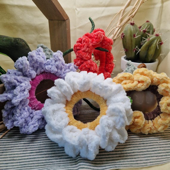 Handmade Crochet Flower Hair Ties - Assorted Colors Crochet Flower Hair Elastic, Flower hair ties bachelorette  main image 2