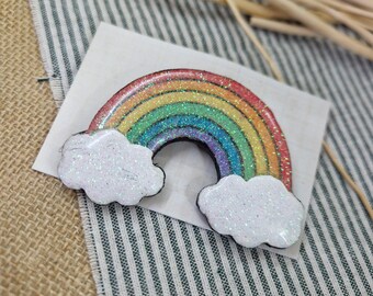 Handmade Rainbow Brooch | Glitter Wooden Rainbow Pin | Cottagecore Statement Brooch | Whimsical Folk Art Gift | Rainbow Jewellery